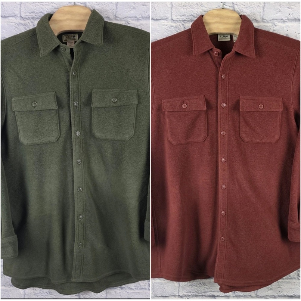 Lot 2 LL Bean Men Red Green Fleece Full Button Shirt Jacket Sweater‎ Large TALL